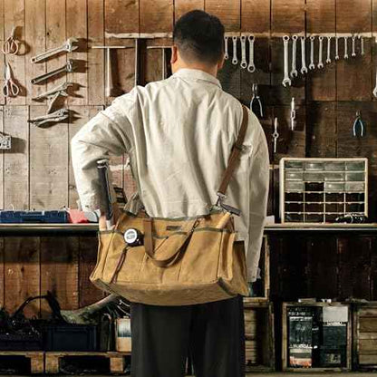 Tool Tote, Heavy Duty Waxed Canvas Wide Mouth Tool Pouch, Muti-Purpose Tool Bag with Adjustable Shoulder Strap (15 X 9.8 X 7.8 inch) | Khaki