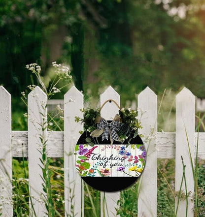 Garden Thinking Of You Front Door Sign Funny Wreaths Hanging Wooden Plaque Decoration Round Rustic Wood Farmhouse Porch Decor for Home Front Door Decor, 11 x 11 Inch