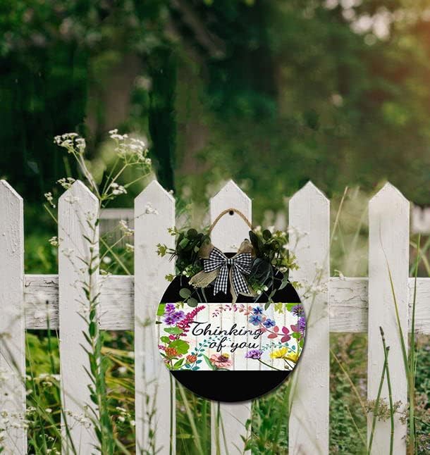 Garden Thinking Of You Front Door Sign Funny Wreaths Hanging Wooden Plaque Decoration Round Rustic Wood Farmhouse Porch Decor for Home Front Door Decor, 12 x 12 Inch