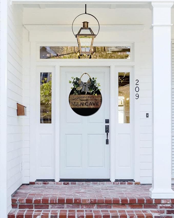 Welcome To The Mancave Front Door Sign Funny Wreaths Hanging Wooden Plaque Decoration Round Rustic Wood Farmhouse Porch Decor for Home Front Door Decor, 12 x 12 Inch