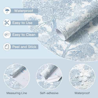 Safiyya Peel and Stick Wallpaper Blue Tree Contact Paper 78.7" x 17.3" Wall Paper Modern Forest Self Adhesive Removable Wallpaper for Bedroom Bathroom Vinyl Rolls