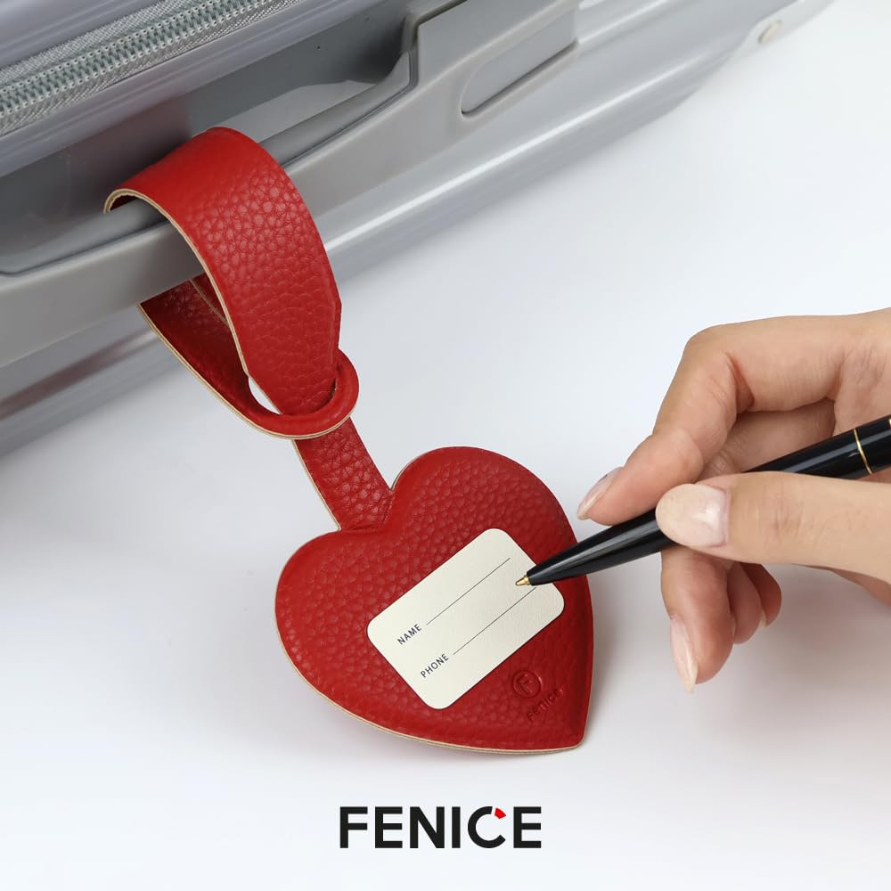 FENICE Vegan PU Leather Smiley Face Clover Shape Name Tag for Suitcase Luggage Travel Bag (RED-Heart)