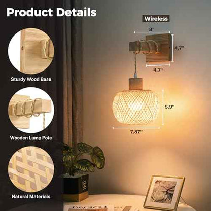 Battery Operated Wall Sconce with Remote Set of 2, Rechargeable Rattan Wall Sconces with 8000mAh Bulbs, Woven Bamboo Wall Light/Lamp Boho Wall Sconce for Bedroom