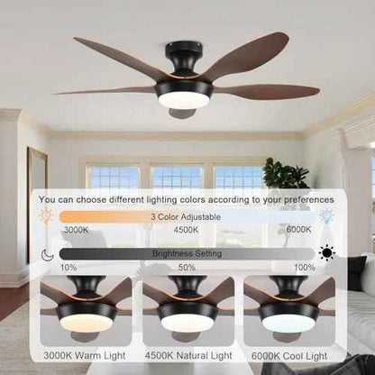 Ceiling Fans with Lights, 46 Inch Low Profile Ceiling Fan with Light and Remote Control, Flush Mount 6 Speeds Reversible Ceiling Fan, Dimmable Noiseless Ceiling Fans for Bedroom, Brown