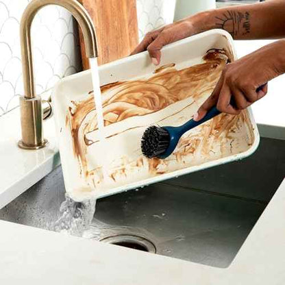 Full Circle Clean Ocean Heavy Duty Dish Brush, Cast Iron Brush with Handle, Tough Bristles, Ergonomic Grip, Long Handle, Built-in Scraper. Made Out of 100% Recycled Fishing Nets. Dishwasher Safe