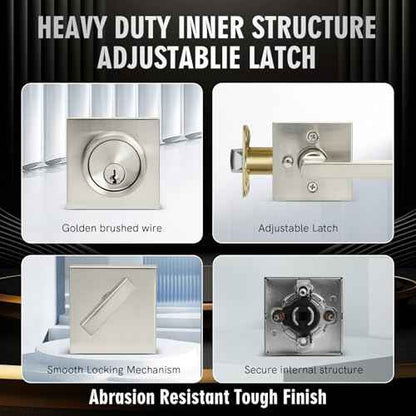 Front Door Handle Set with Deadbolt, Door Levers and Single Cylinder Deadbolt Set, Keyed Alike Heavy Duty Keyed Privacy Handles Locksets,(Satin Nickel,2Pack)
