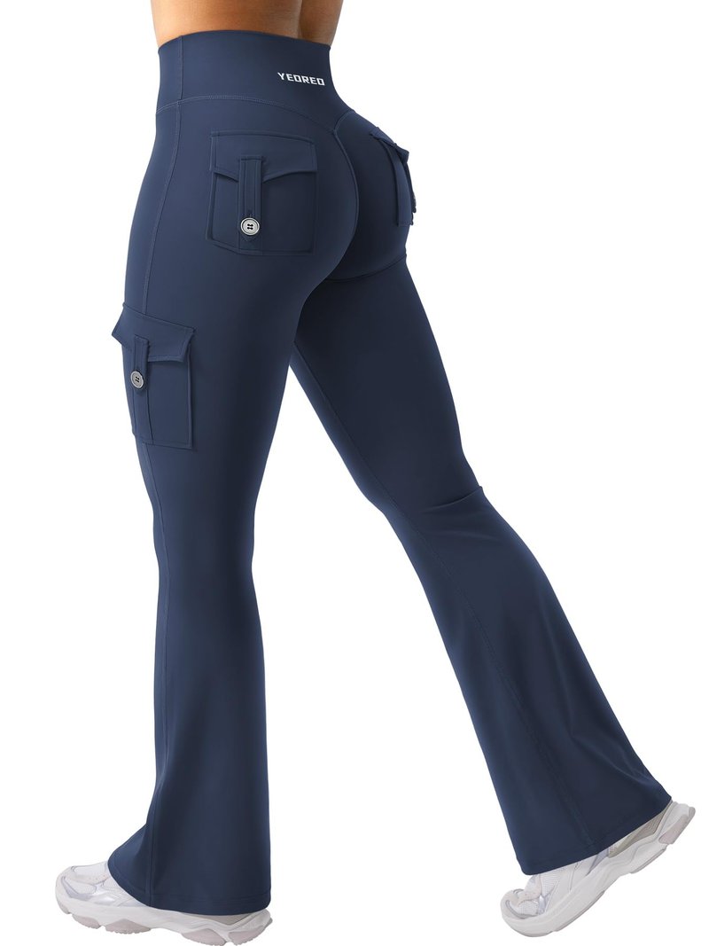 YEOREO CoreFlex Women Workout Flare Leggings with Pockets Hidden Scrunch High Waisted Cargo Gym Yoga No Front Seam Leggings Blue Navy L
