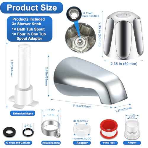Tub Shower Trim Kit, Chrome Shower Knob 3 Piece and Bath Tub Spout, Compatible with Price/Pfister Verve 3 Handle Tub Faucet, for 1/2'' Pipe Male Thread Connection, 3/4'' IPS Pipe Inside Thread
