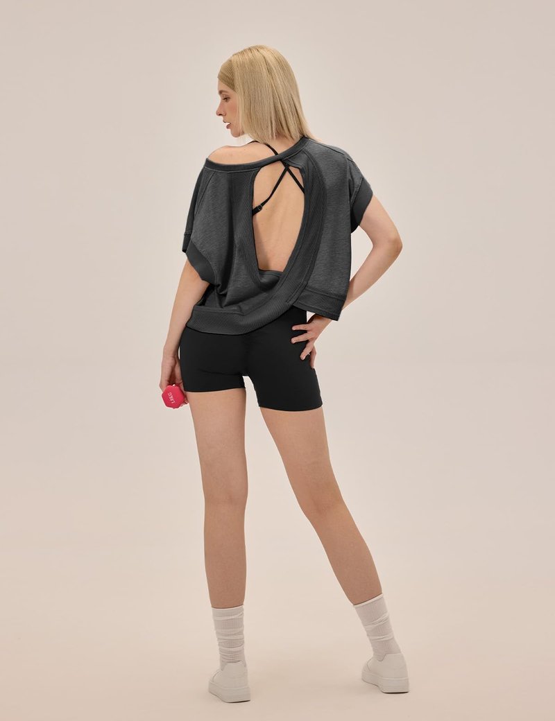 UNIANKIYA Open Back Workout Tops for Women Loose Fit Athletic Crop Tee Short Sleeve Gym Running Yoga Shirt Dark Grey