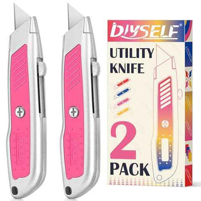 DIYSELF 2 Pack Box Cutters, Aluminum Utility Knife, Box Cutter Retractable, Sturdy Razor Knife for Cardboard, Boxes, Packages, Papers, Cartons, Navajas de Trabajo