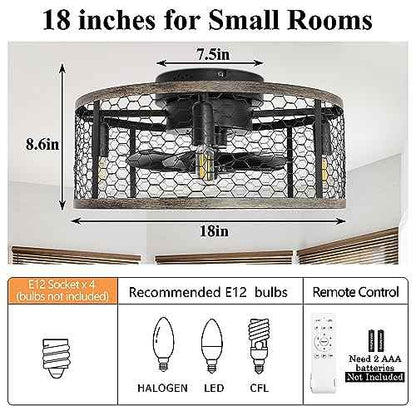 Ohniyou Caged Ceiling Fan with Light - 18'' Small Farmhouse Cage Ceiling Fan Remote Control, Flush Mount Rustic Ceiling Fan for Kitchen Bedroom