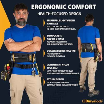 BINYATOOLS Tool Belt with Lumbar Back Support for Tradesman Pro Construction Electrician 2" Tool Belt for Men Orthopedic Lower Back Brace for Heavy Lifting Lightweight with D Rings and Pockets- L