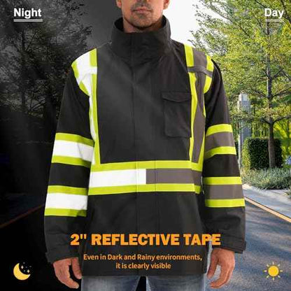 Reflective Rain jackets for men waterproof,Hi Vis Safety Coat With Reflective Strips£¬High Visibility Class 3 Rain jackets With 2 large pockets£¬Zipper,Black £¬LG/XL