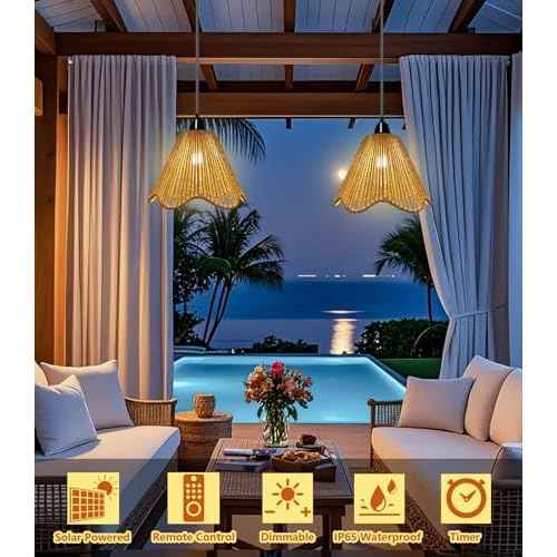 Solar Chandelier Outdoor Waterproof, Gazebo Lights Solar Powered with Remote Control, Boho Hanging Pendant Light for Porch, Patio, Pergola, Shed, Garden Decor, Balcony(2 Lights)