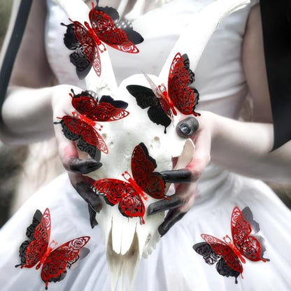 3D Butterfly Wall Decor Valentine's Rose Butterfly Sticker Decoration 3.85x4.6 inche Red Black Double Deck Removable Sticker for Birthday Holiday Party Decoration-6pcs