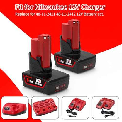 6.5Ah 12V Battery Replacement for Milwaukee M 12 Battery 48-11-2411 48-11-2412 48-11-2440 48-11-2420 48-11-2450 Compatible with Milwaukee 12V Power Tools with Light Indicator (2 Pack)
