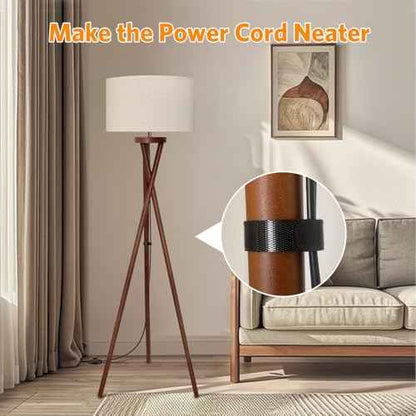 Wood Tripod Floor Lamp, Modern Design Light, Flaxen Lamp Shade with 3 Color Temperatures LED Bulb, Mid Century Standing Lamp for Living Room, Bedroom, Study Room and Office, Brown