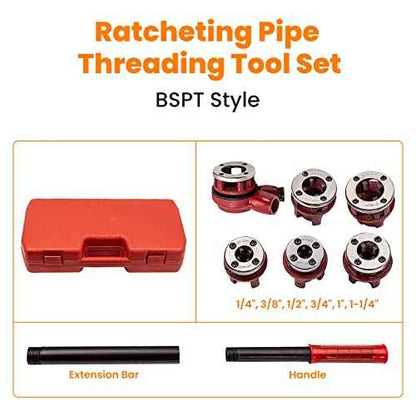 maXpeedingrods BSPT Ratchet Pipe Threader Kit, Manual Ratcheting Pipe Threading Tool Set w/ 6 Dies 1/4", 3/8", 1/2", 3/4", 1", 1-1/4" for Metal and PVC Pipes