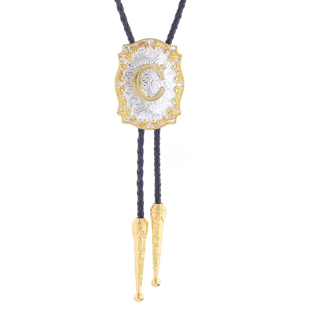 Fibbadet Bolo Tie for Men Initial Letters A-Z Bolo Tie Western Texas Rodeo Cowboy Golden Leather Necktie Necklace Costume Accessories for Husband Wife Halloween Christmas Wedding (C)