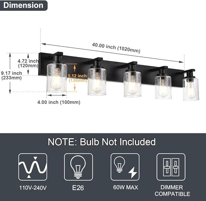 5-Lights Farmhouse Bathroom Vanity Light in Black Finish Wall Mount Lighting Fixtures with Seeded Glass for Mirror Cabinet Kitchen Bedroom
