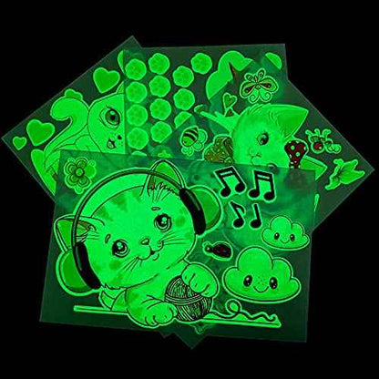 Glow in The Dark Stars for Room,Cats Glowing Wall/Ceiling Decals, Kitten Butterflies Stickers for Kids Bedroom, Clouds Bees Luminous Wall Decor for Boy and Girl Living Room