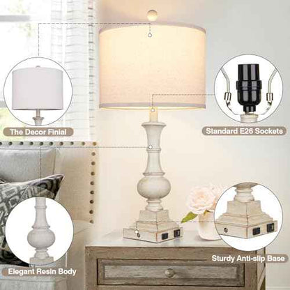 26" Farmhouse Table Lamp, Vintage Rustic Touch Control Bedside Lamp with 2 USB Ports & AC Outlet, Boho Resin 3-Way Dimmable Nightstand Lamp Linen Fabric Shade for Living Room Bedroom End Table White