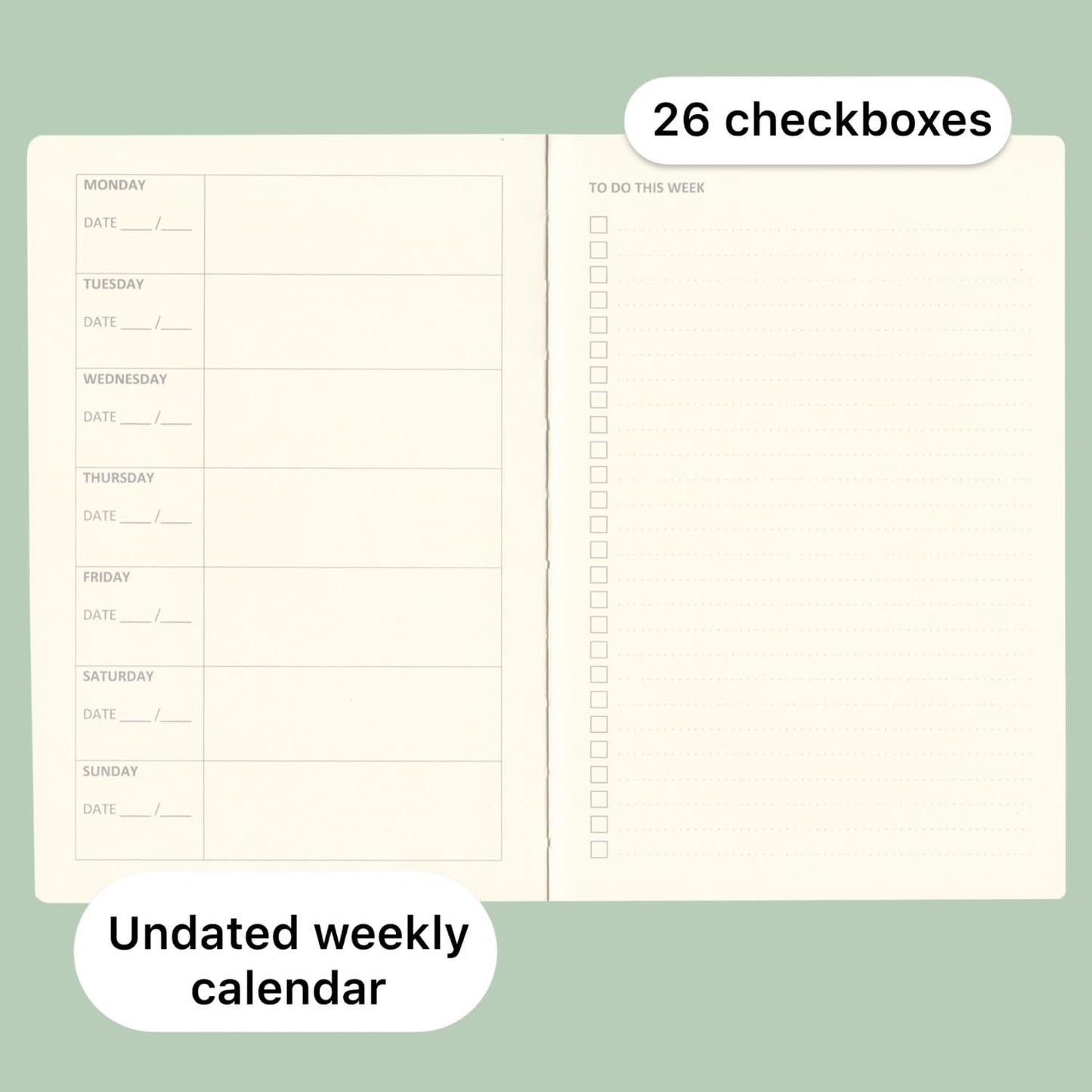 RICCO BELLO Undated Weekly Planner To Do Notebook | Faux Leather Hardcover, for Work, School, Home with Pen Holder, Bookmark, Band Closure, Storage Pocket, 5.7 x 8.4 Inches (Brown)