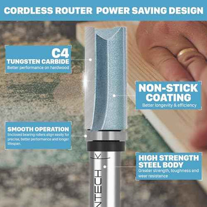KEENTECH Router Bits 1/4" Shank, Flush Trim Router Bit, Top Bearing Carbide Tipped Pattern Bit, Template Straight Heavy Duty Woodworking Trimming Cutting Tool for Wood, 1/2" Diameter, 1-1/2" Depth