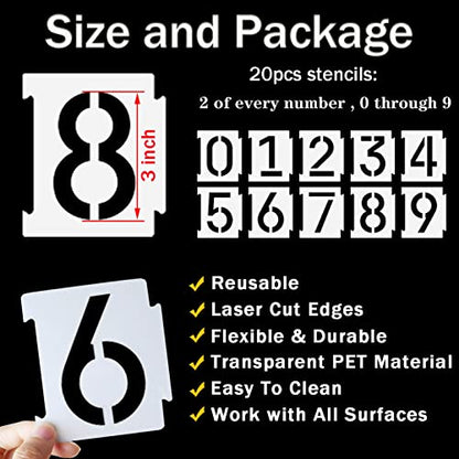 YEAJON 3 Inch Curb Stencil Kit 0-9 Address Number Stencils, 20Pcs Reusable 14 Mil Mylar Plastic Templates for Painting on Road, Wall, Wood, Mailbox