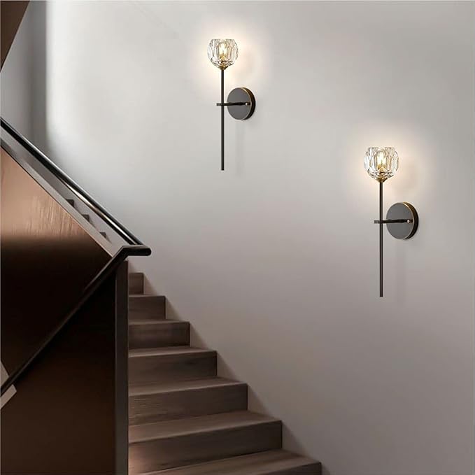 BOKT Mid Century Matte Black Crystal Wall Sconce Lighting Set of 2 Modern Long Metal Wall Light Set of Two 1-Light Clear Glass Wall Lamp Retro Industrial Crystal Bathroom Vanity Light Fixture
