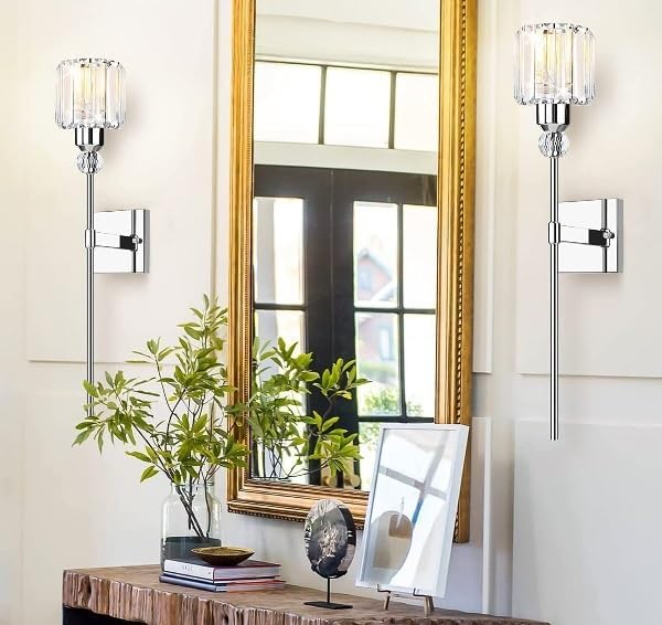 Modern Wall Sconces Lighting Battery Operated Set of 2,No Wiring Rechargeable Wall Lights Fixture with Wireless Remote,Clear Glass Long Wall Lamp Silver for Bedroom Bathroom Living Room Vanity Light