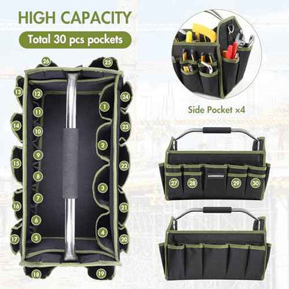 20In Electrician Tool Bag, Foldable Bags For Men Heavy Duty, Open Top Tool Tote, 30 Pockets Can Hold Many fittings, Organizer Stainless Steel Handle and Removable Shoulder Strap