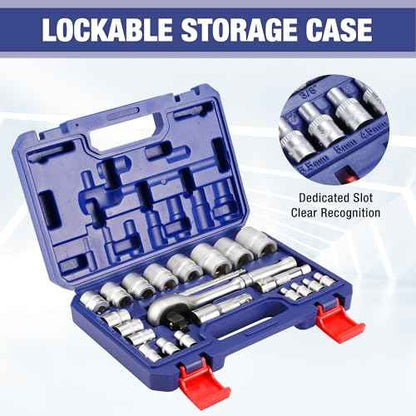 WORKPRO 22-Piece Socket Set with 3-in-1 Ratchet Handle, 1/4, 3/8, 1/2 Inch Drive Socket Wrench, CR-V Metric Socket Set, Extension Bars, Storage Box Included, Mechanics Tool Sets for Auto Repairing