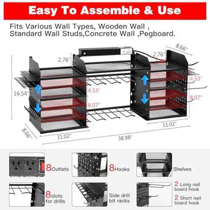 Power Tool Organizer Wall Mount, Large Tool Organizer with Charging Station, Heavy Duty Steel Cordless Drill Holder, 39 Inch Long Power Tool Battery Storage Rack with 8 Outlets Power Strip