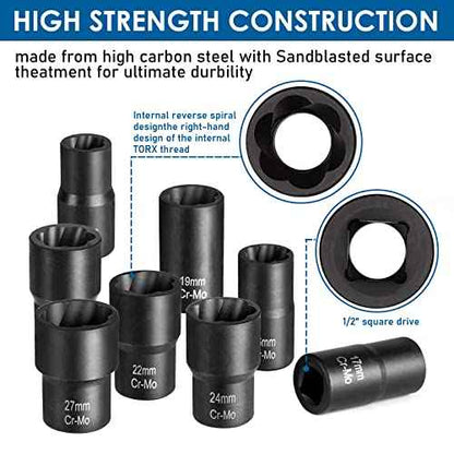 Lug Nut Removal Tool,10 Piece Lug Nut Extractor Set 1/2 Inch Drive, Easy Out Lug Nut remover for Damaged, Frozen, Studs, Rusted, Rounded-Off Bolts & Nuts Screws
