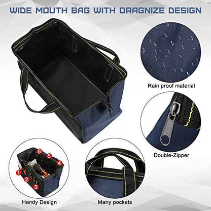 Cunno 2 Pcs Tool Bag with Waterproof Strong Molded Base Multi Pockets Wide Mouth Tool Tote Multifunctional Tool Bag Organizer Large Capacity Heavy Duty Tool Storage Bag(Blue,18 Inch, 13 Inch)