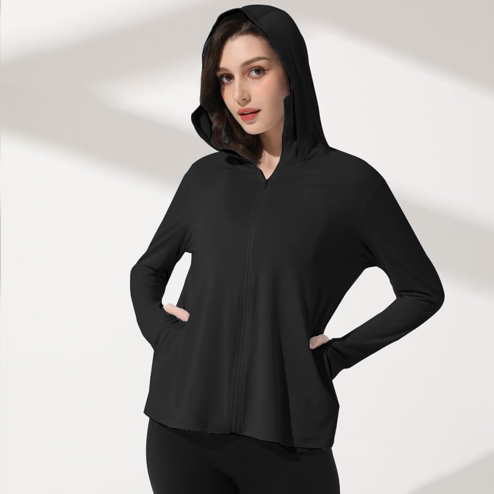Mingyuezai Women's UPF 50+ Sun Protection Jacket UV Lightweight Hooded SPF Long Sleeve Sun Shirt(Z3724BK,XS)