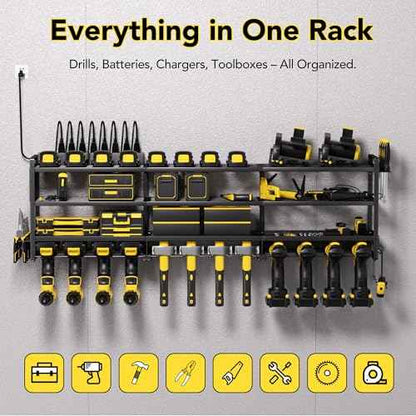 Power Tool Organizer Wall Mount with Charging Station, Cordless Tool Organizer, 12 Drill Holders 4-Tier Heavy Duty Drill Rack with 8-Outlet Power Strip, Garage Gift for Men