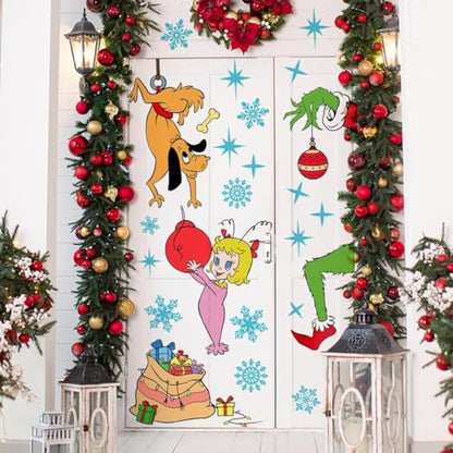 38.97 x 29.92 Inch Cute Christmas Girl Dog Snowflakes Decor Large Xmas Mural Decals for Winter Home Refrigerator Garage Door Wall Window Decoration