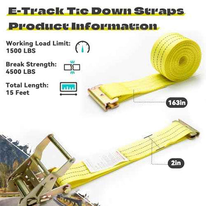 E Track Ratchet Straps Tie Down Strap (8-Pack), 2in¡¿15ft Heavy Duty Tie Down Cargo Straps£¬4400 LBS Breaking Strength E Track Trailer Tire Straps for Tires Motorcycles Tailers Loads, Yellow.