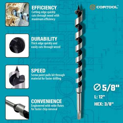 5/8 Inch x 12 Inch Auger Drill Bit for Wood, Soft and Hard Wood Plastic Drywall with 3/8 Inch Hex Shank