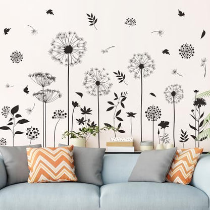 Black Flower Wall Decals Peel and Stick Simple Boho Flower Wall Sticker Wildflower Plants Dandelion Wall Decor Removable Vinyl Wall Mural for Girl Room Bedroom Living Room Home FX-C413