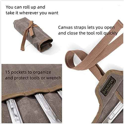 Tool Roll Up Organizer Bag, Heavy Duty 16oz Waxed Canvas Wrench Roll Up Bag with Straps, Multi-Purpose Tool Pouch (Grey)