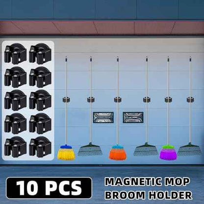 10 Pcs Magnetic Mop Broom Holder Movable Magnetic Broom Holder Rack, Anti Slip Wall Mounted Utility for Cleaning Tools, Garage, Kitchen, Laundry, Garden (Black)
