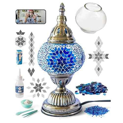 KRAFTSTORIES Turkish Mosaic Lamp Kit DIY Glass Decorative Table Bedside Night Light Tabletop for Living Room Bedroom | Make Your Own Lamp | Antique Bronze Base (Blue)