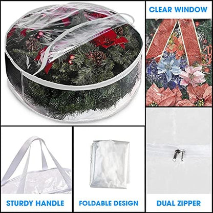 ProPik Christmas Wreath Storage Bag 30" - 2 Pack Clear Xmas Wreath Storage Container - Garland Holiday Artificial Wreath Storage Holder - Water Proof Transparent PVC with Handles (30 Inch, White)