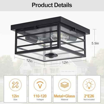 Upgraded Outdoor Ceiling Lights with Motion Sensor and Remote, Flush Mount Ceiling Light Fixture with 4 Lighting Modes, Squares Black with Clear Glass for Porch Patio Entryway Garage Farmhouse