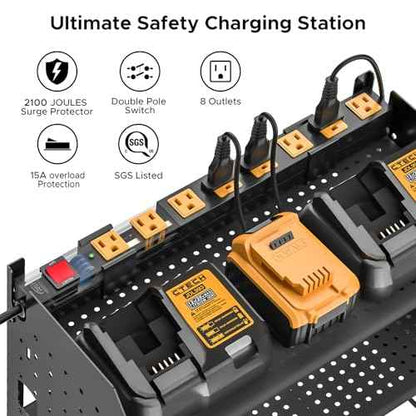 CRST Power Tool Organizer Wall Mount with Charging Station Cordless Drill Holder with 8-Outlet Heavy Duty Power Strip, Modular Garage Organization Storage Rack Shelf,Gift for Men Black