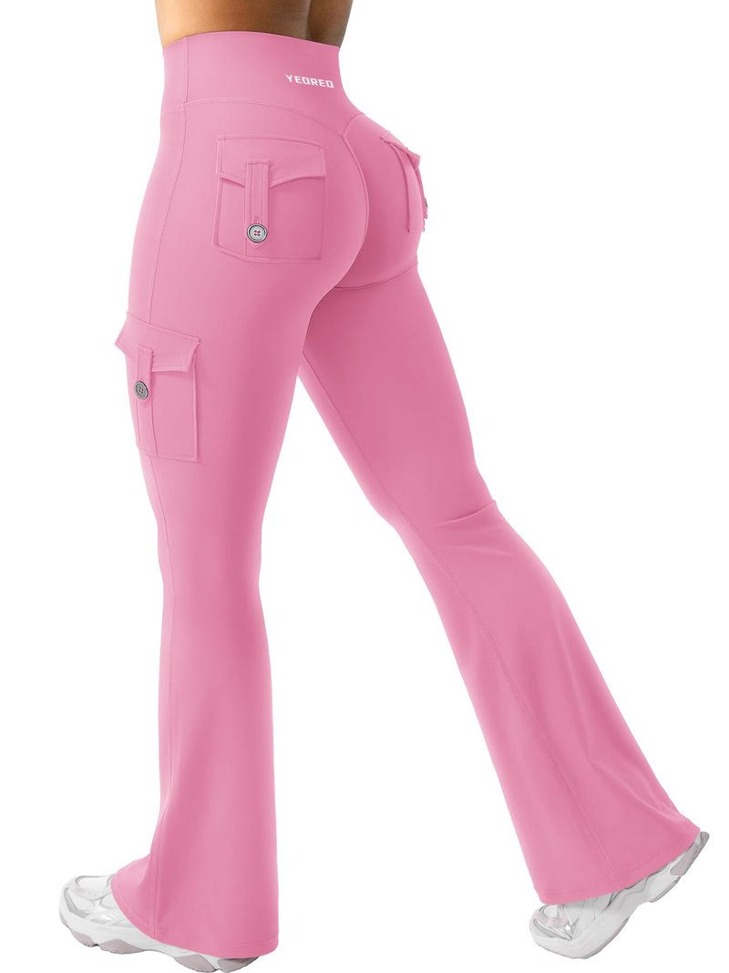 YEOREO CoreFlex Women Workout Flare Leggings with Pockets Hidden Scrunch High Waisted Cargo Gym Yoga Leggings Pink L