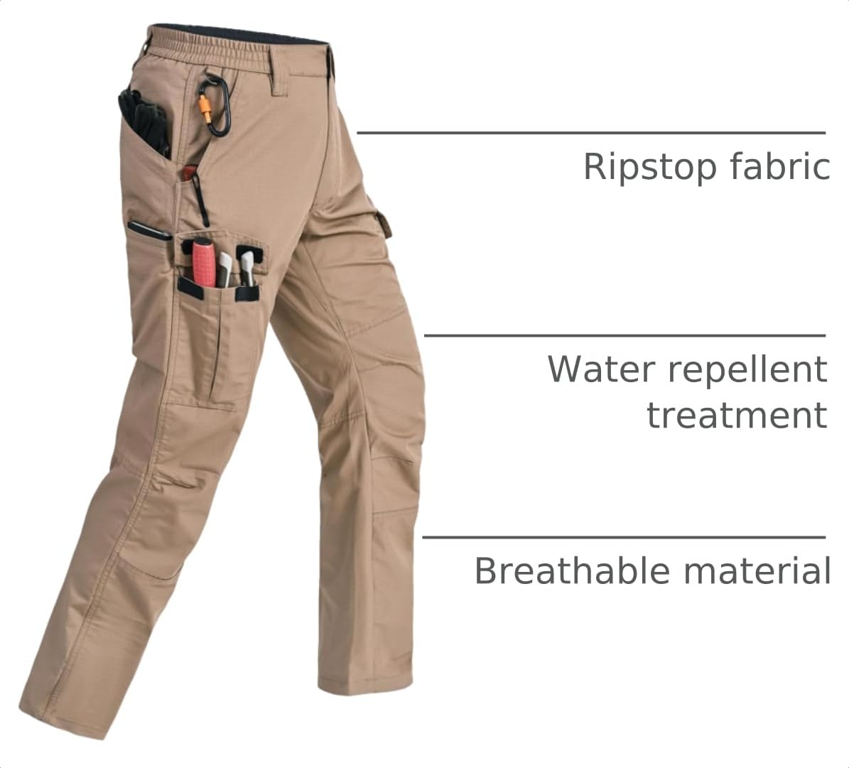 Rapoo Cargo Pants for Men Work Hiking Tactical Army Casual Pants for Men with Multi Pockets Water Resistant Mens Ripstop Breathable Outdoor Pants Khaki 42Wx34L